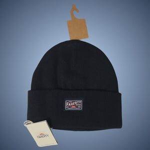 Faherty Beanie Wool Blend Core Logo Cuffed Patch Ribbed Knit Black One Size NWT
